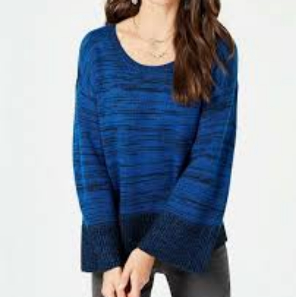 Style & Co Petite Blue Ribbed Trim Contrast Trim Pullover Sweater